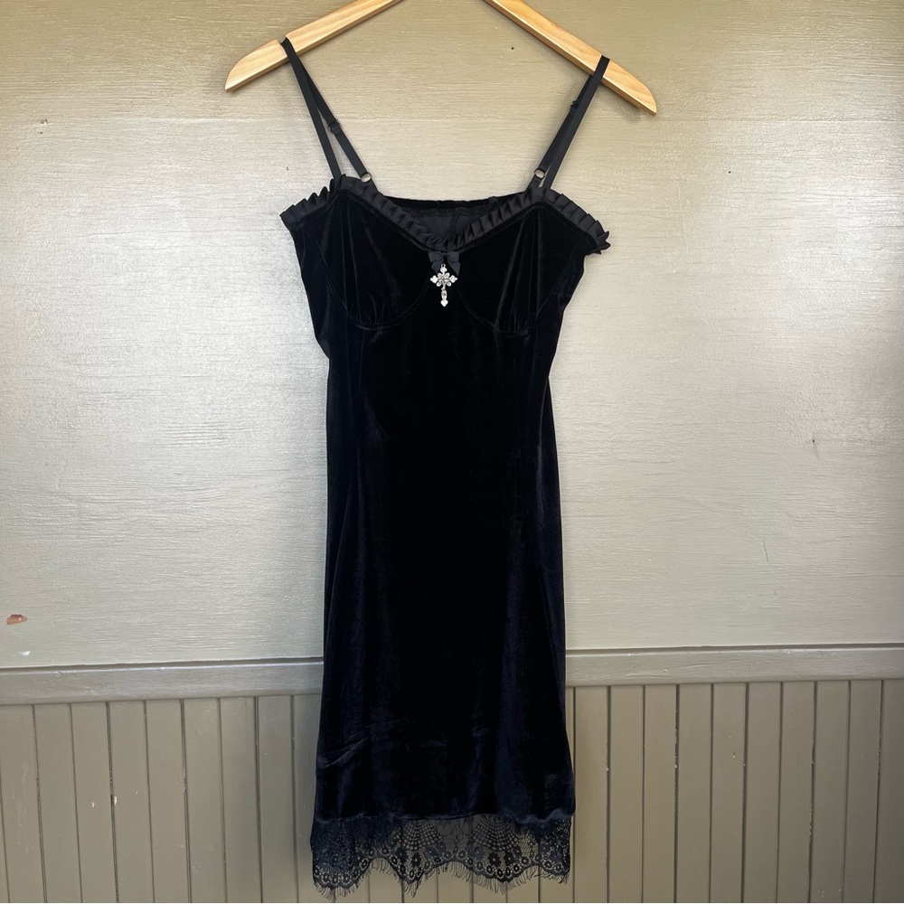 Gothic Black Velvet sheath Mini Dress w/ Cross